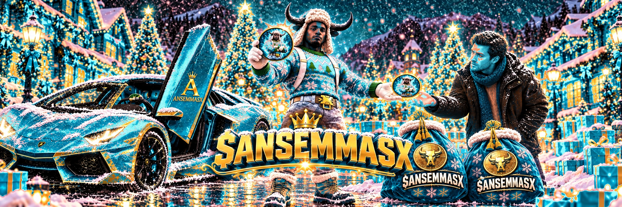 Ansemmasx banner: the bull-horned character holding $ANSEMMASX coins in a snowy Christmas street, with a red supercar, money bags and the $ANSEMMASX logo